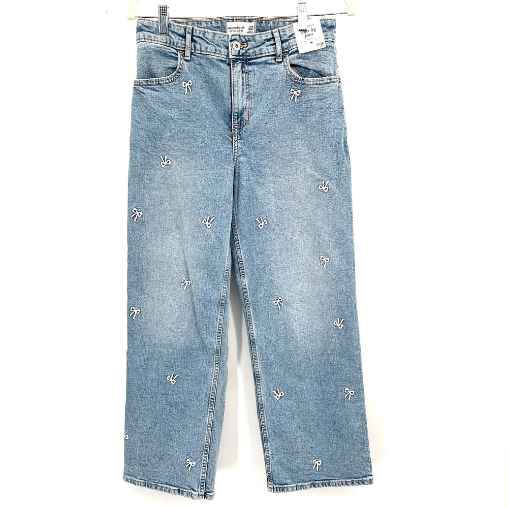NEW Abercrombie kids high rise wide leg embroidered bow jeans coquette 17 18 S